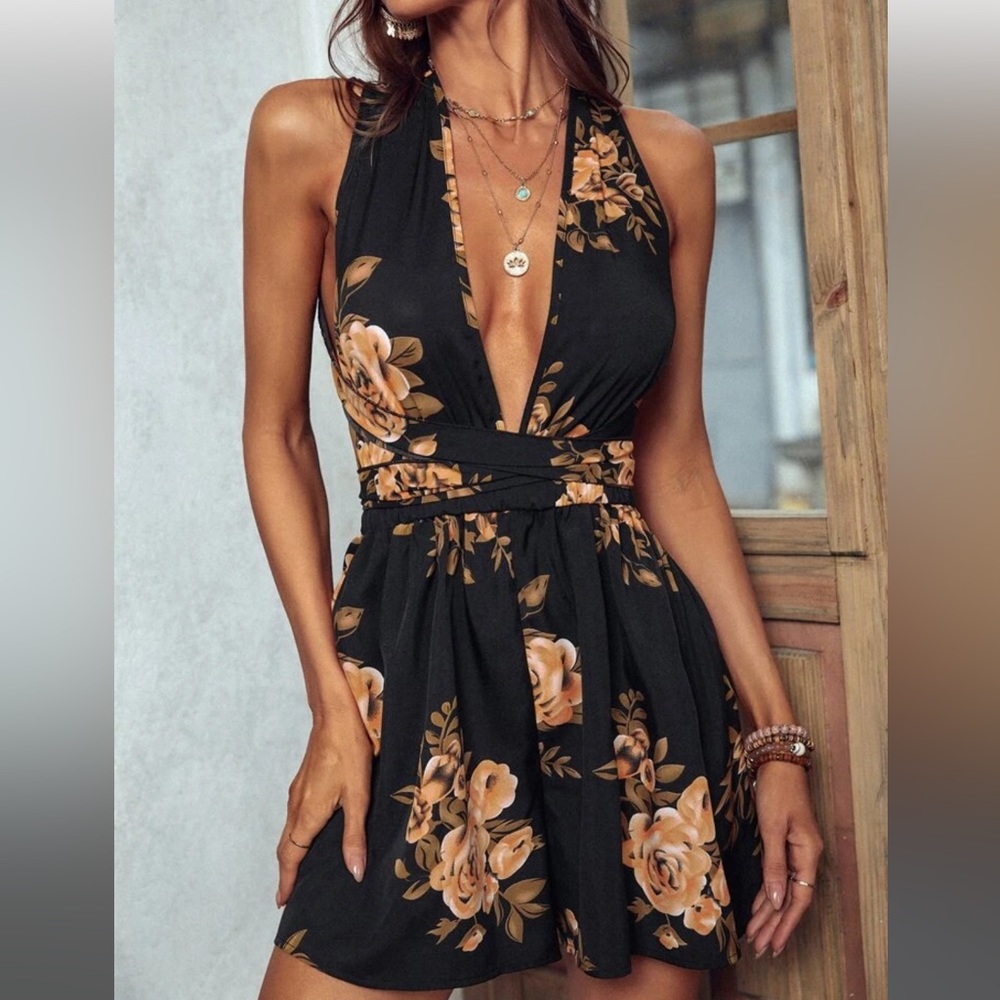 Shein Floral Print Plunging Neck Tie Romper